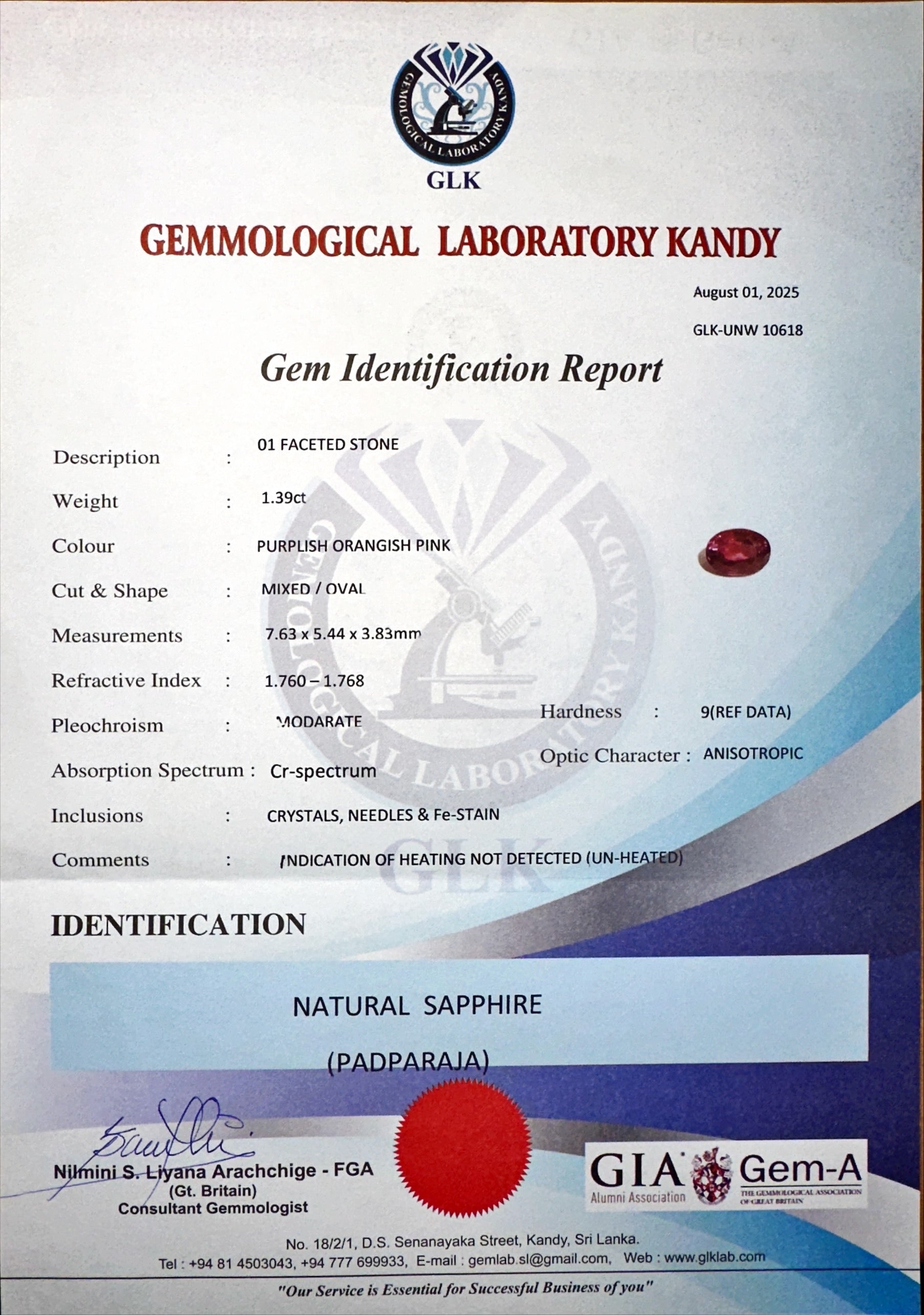 1.39ct Ceylon Paparadscha Sapphire Unheated